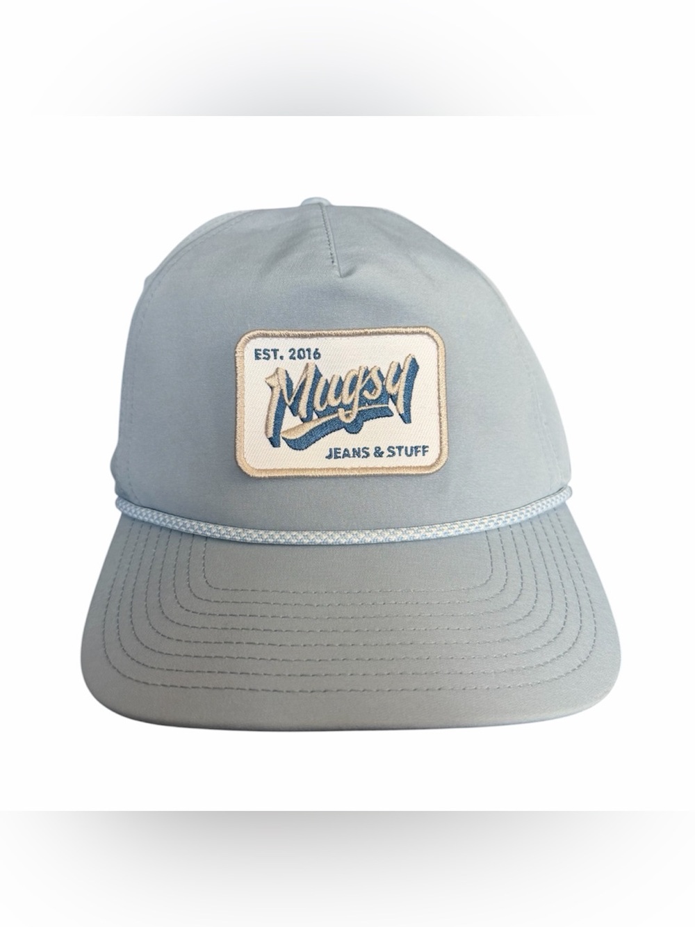 Mugsy Mens Adjustable Blue Baseball Cap With Embroidered Patch & Rope Detail